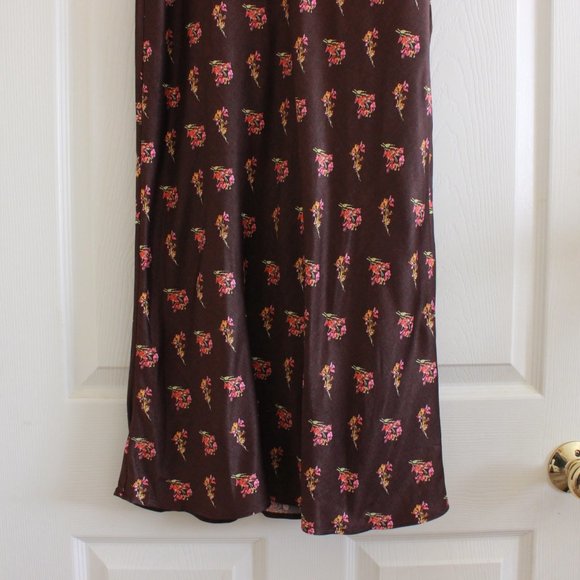 Something Navy Satin Midi Skirt Floral Print Brown - Picture 3 of 9